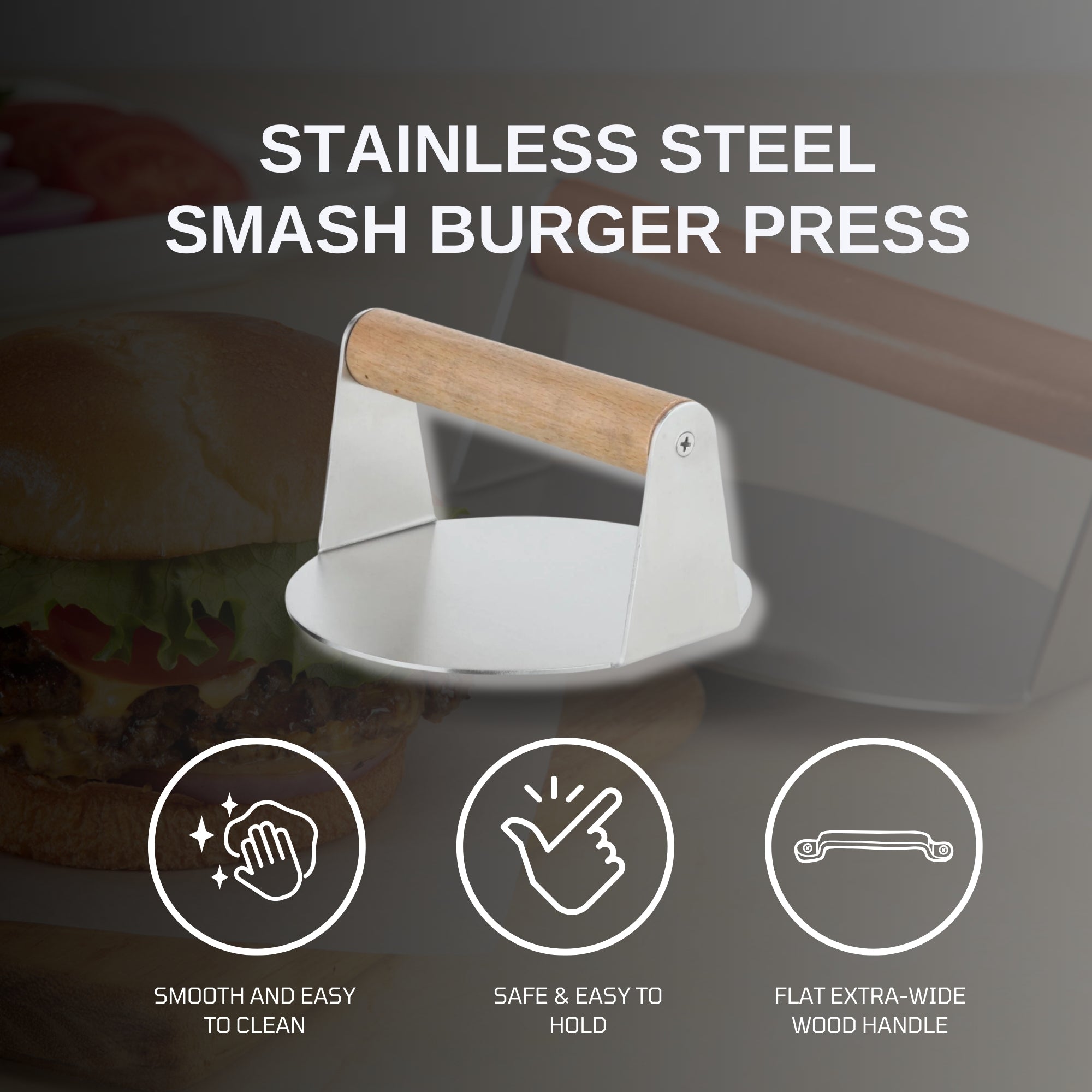 Extra Wide Stainless Steel Burger Smasher | Food-Grade Round Smasher with Wooden Handle